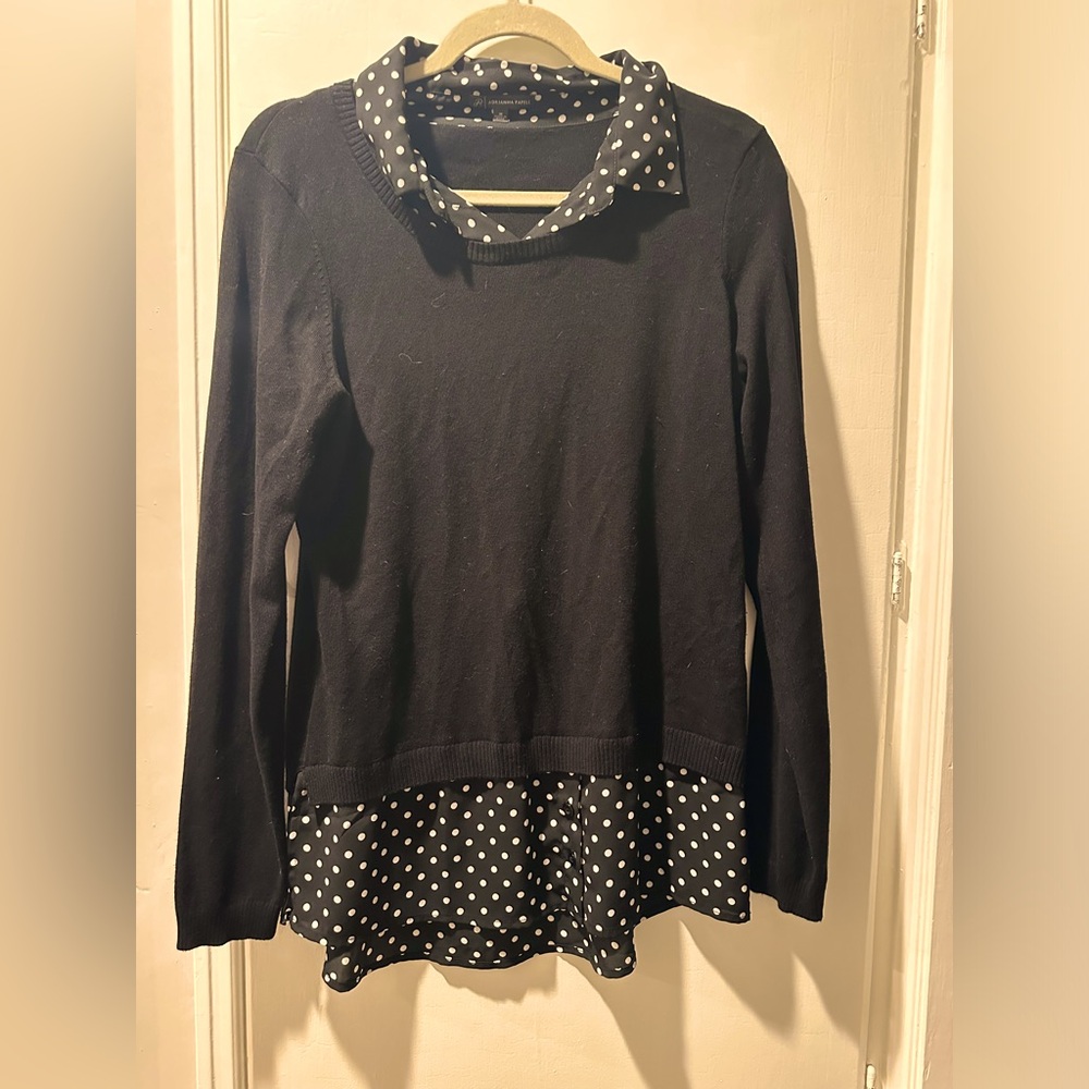 Black sweater with layered, built in blouse